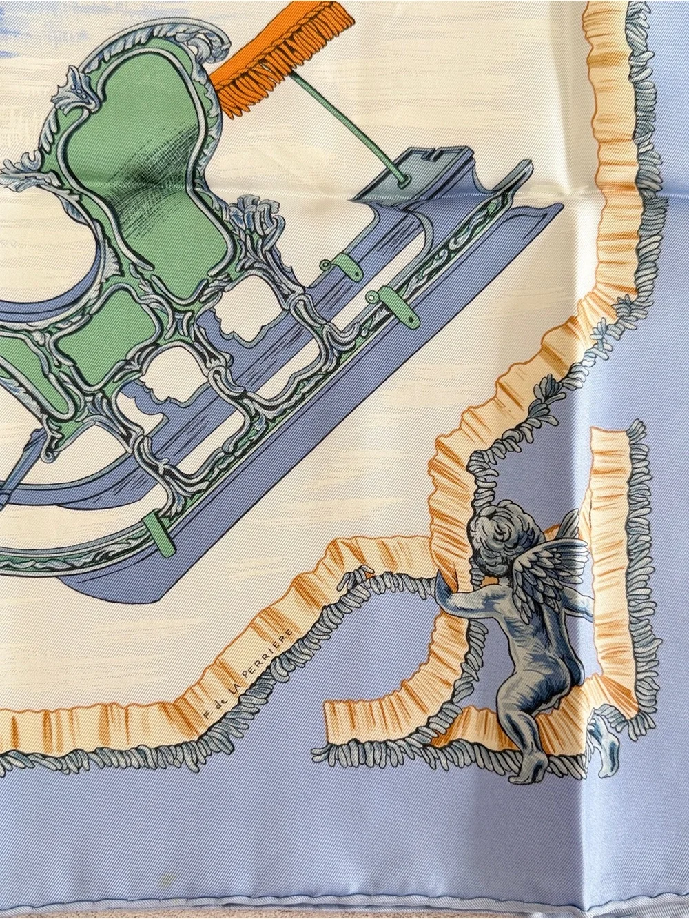 Hermes Blue, Cream and Orange Silk Scarf — Winter Sleigh Tableau